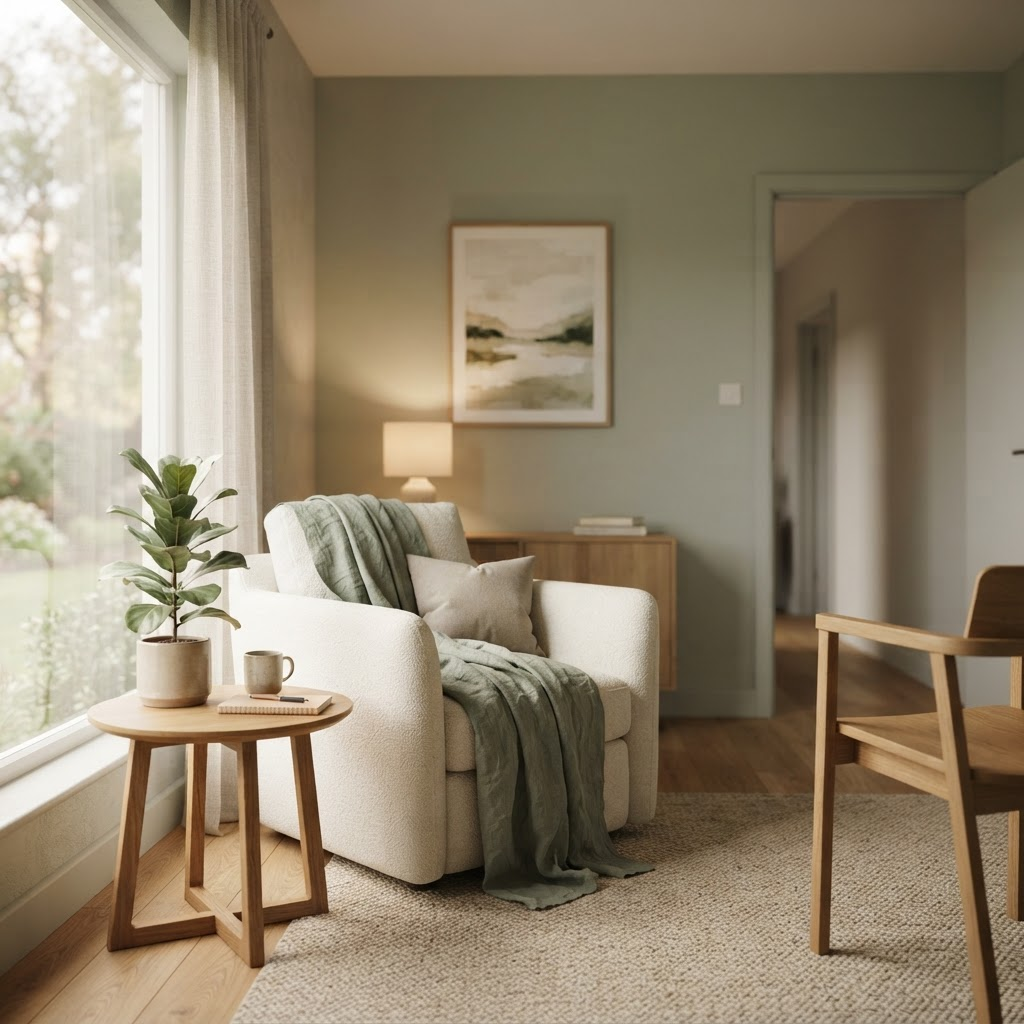 Consultorio de PSI BOEDO con luz natural, un sillón cómodo y una planta, ambiente sereno